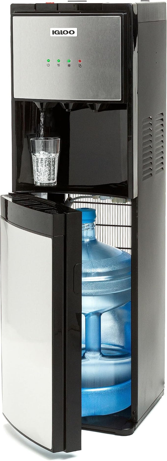 Igloo Bottom-Loading Water Dispenser – Water Cooler Dispenser with Hot, Cold & Temperature Settings- Electric Water Dispenser Fits 3- & 5-Gallon Jugs with Child Safety Lock Office Use– Black Stainless