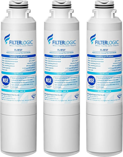 Filterlogic FL-RF27 Replacement for Samsung DA29-00020B, HAF-CIN/EXP, RF28HMEDBSR, RF263BEAESR, HDX FMS-2, DA97-08006A-1, DA29-00020B-1, RF4287HARS, RFG297HDRS, Refrigerator Water Filter, 3 PACK