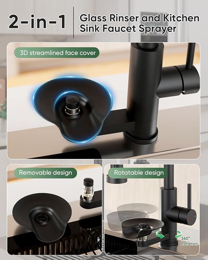 Kitchen Faucet with Cup Washer Pull Down Sprayer Stainless Steel Kitchen Sink Faucet with Deck Plate Glass Rinser Single Hole Black