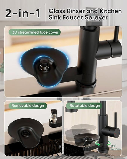Kitchen Faucet with Cup Washer Pull Down Sprayer Stainless Steel Kitchen Sink Faucet with Deck Plate Glass Rinser Single Hole Black
