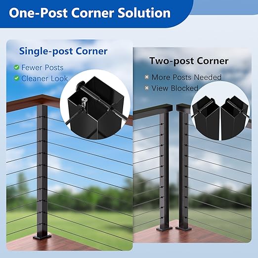 36" T304 T-drilled Cable Railing Corner Post(Post 35"x2"x2"), Modular Three Sides Wire Railing Post with Cable Grommets, Fixed Top Mount Stainless Steel Black Finish Deck Staircase Post