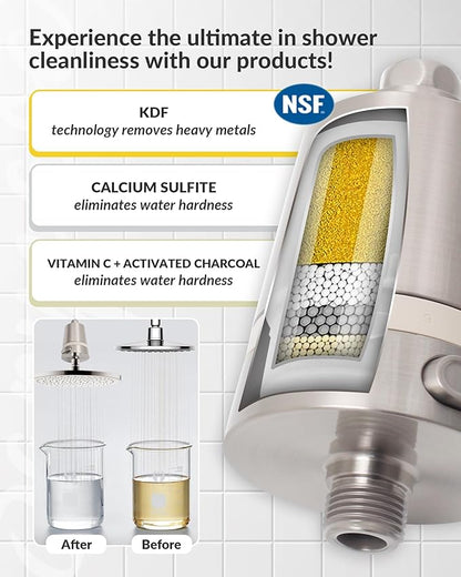 SANYCASA Hard Water Shower Filter - Removes Chlorine, Heavy Metals & Scale - KDF Technology for Softer Skin & Hair - Fits Most Rain & Handheld Showerheads - (Brushed Nickel)