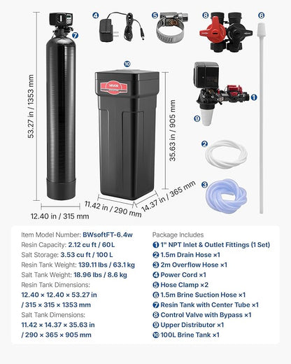 VEVOR Water Softener, 64,000 Grains Whole House Water Softener System, with Automatic Digital Control Head, Bypass Valve, Reduce Hardness and Minerals, Improve Water Quality, for 5-6 Bathrooms
