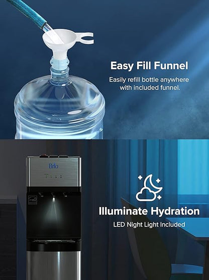 Brio 520 Bottom Load Water Cooler Dispenser for 5 Gallon Bottle w/ 2 Stage Filter | Hot Cold & Room Temp Water Options for Home & Office | Removes Chlorine, VOC's, Bad Taste & Chemicals