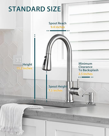 Kitchen Faucet with Soap Dispenser, Hiqufet Brushed Nickel Kitchen Faucet with Pull Down Sprayer, 3 Mode High Arc Single Handle RV Bar Sink Faucets for Pot Filler, Farmhouse Camper Bar Laundry Room