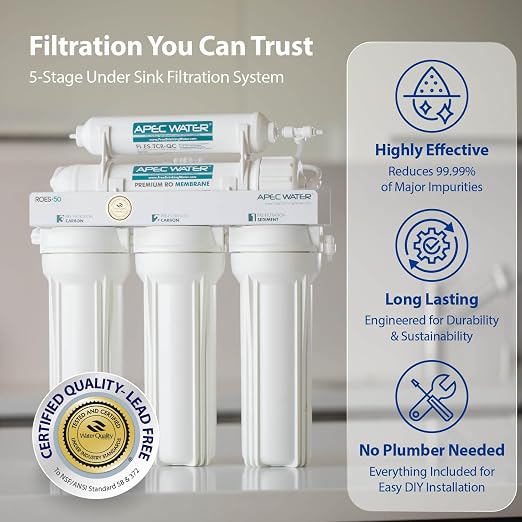 APEC Water WQA Certified 5-Stage Under Sink Reverse Osmosis Water Filter System, Brushed Nickel, Certified Ultra Safe Drinking Water Filter System, Reduces 99.99% of Contaminants, DIY Install