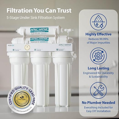 APEC Water WQA Certified 5-Stage Under Sink Reverse Osmosis Water Filter System, Brushed Nickel, Certified Ultra Safe Drinking Water Filter System, Reduces 99.99% of Contaminants, DIY Install