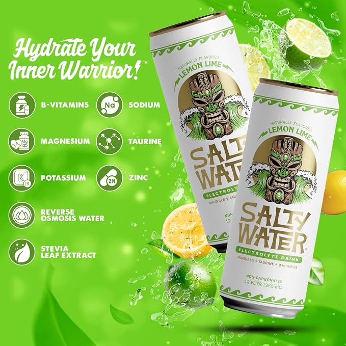 SaltyWater Electrolyte Drink, Lemon Lime – Zero Sugar Premium Hydration Drink, 10 Calories, Minerals, Taurine, B-Vitamins, Non-Carbonated - Zero Caffeine Electrolyte Sports Drink - Gluten Free - 12 Pack (12 oz)
