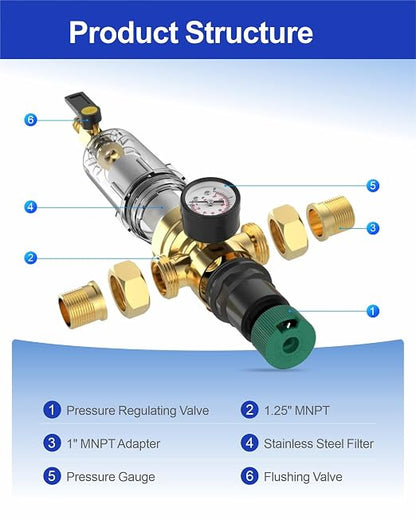 Water Pressure Regulator, with Spin Down Sediment Filter & Gauge for Home, 50 Micron, 1.25" MNPT + 1" FNPT + 1" MNPT, Heavy Duty Brass