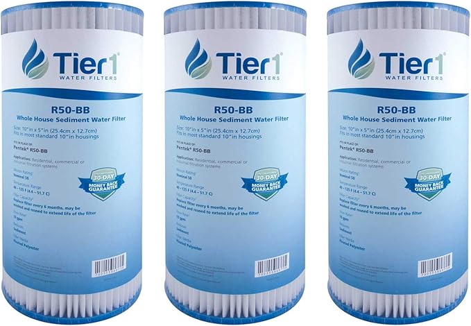 Tier1 50 Micron 10 x 4.5 Water Filter | Pleated Polyester Whole House Sediment Filter Cartridge | Replacement for Pentek R50-BB, 155053-43, SPC-45-1050 | High Flow 4.5 x 10 Water Pre-Filter (3-Pack)