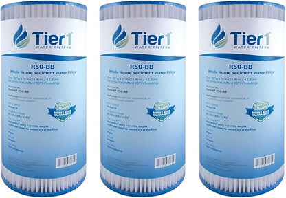 Tier1 50 Micron 10 x 4.5 Water Filter | Pleated Polyester Whole House Sediment Filter Cartridge | Replacement for Pentek R50-BB, 155053-43, SPC-45-1050 | High Flow 4.5 x 10 Water Pre-Filter (3-Pack)