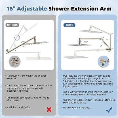 All Metal Rain Shower Head, 8” High Pressure Rainfall Shower Head with Handheld Spray, 5" Large Handheld Showerhead Powerful Clean 10-Mode, 16" Stainless Steel Adjustable Extension Arm, Brushed Nickel