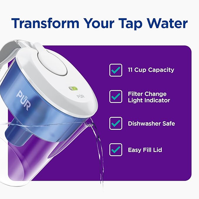 PUR 11-Cup Water Pitcher, 1 Filter, Cleaner, Great-Tasting Water, Dishwasher Safe, Powerful Filtration, Filter Change Light Indicator, LockFit Cap Design, White