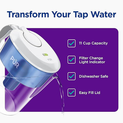 PUR 11-Cup Water Pitcher, 1 Filter, Cleaner, Great-Tasting Water, Dishwasher Safe, Powerful Filtration, Filter Change Light Indicator, LockFit Cap Design, White