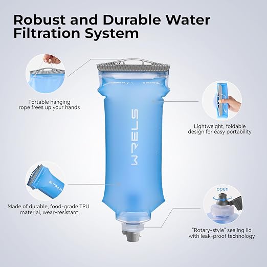 WRELS Gravity Water Filter 3L,Camping Water Filtration System with Purifier 0.1 Micron Hollow Fiber Filter for Camping, Backpacking & Travel BPA-Free