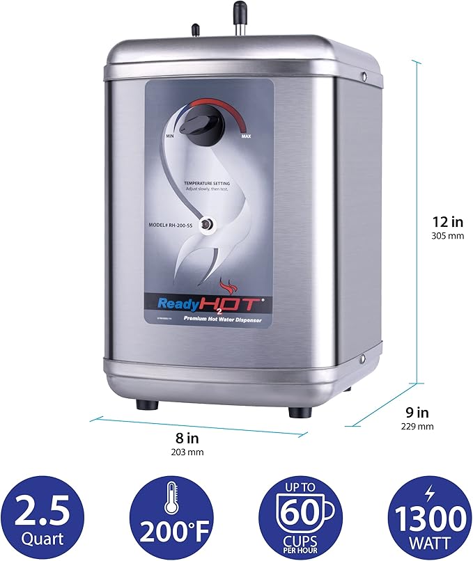 Ready Hot 41-RH-200-F560-CH Instant Hot Water Dispenser System, 2.5 Quarts, Manual Dial Dual Lever Hot and Cold Water Faucet Polished Chrome