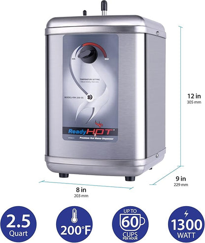 Ready Hot 41-RH-200-F560-CH Instant Hot Water Dispenser System, 2.5 Quarts, Manual Dial Dual Lever Hot and Cold Water Faucet Polished Chrome