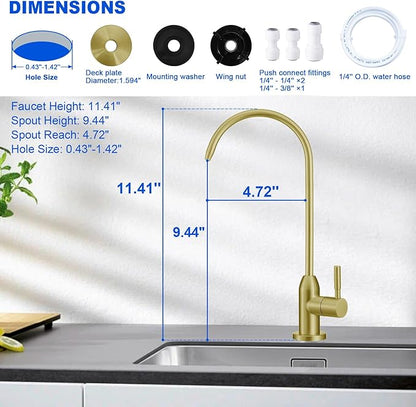 Drinking Water Faucet - Long Thread Stem Filtered Water Tap for Thick Countertop,Lead-Free RO Faucet with Hose and Quick Connect Fittings(Matte Gold)