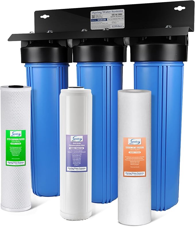 iSpring Whole House Water Filter System w/Sediment, Polyphosphate Anti-Scale, and Carbon Block Water Filters & WSP-50SL Reusable Whole House Spin Down Sediment Water Filter Softener, 50 Micron