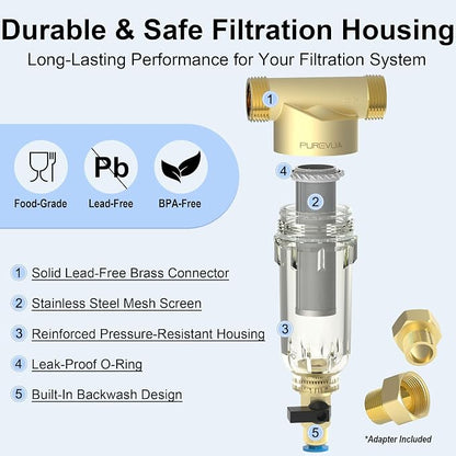 PSF1 Spin-Down Sediment Filter, Whole House Pre-Filter for Well Water & City Water, 40/100/200 Micron Reusable Stainless Steel Mesh, 1" MNPT + 3/4" FNPT & 3/4" MNPT Adapter