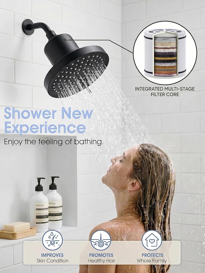 Black Fixed Shower Head and 25 Stage Shower Filter Combo, High Pressure 7 Spray Settings Filtered Showerhead with Water Softener Filter Cartridge for Hard Water