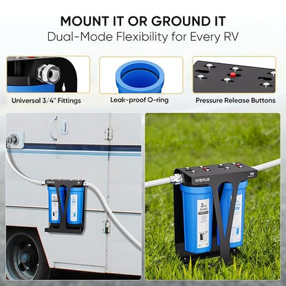PUREPLUS RV Dual Stage Water Filter System with Sediment & PFAS Carbon Block Filters, NSF/ANSI 42 Certified, Reduces PFAS, VOCs, Chlorine, Odors, 13,000 Gal, Stainless Steel 3/4" Fittings