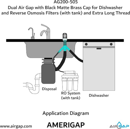 Dual Air Gap with Black Matte Brass Cap for Dishwasher and Reverse Osmosis Filters (with tank) and Extra Long Thread (AG200-505, AG200-X05, AMERIGAP)