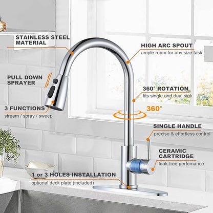Chrome Kitchen Faucet with Sprayer, WOWOW Pull Down Kitchen Sink Faucet Stainless Steel Utility Sink Faucet with Deck Plate, Kitchen Tap for RV, Laundry, Bar