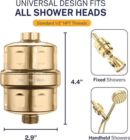 HammerHead Showers® Solid Metal Shower Head Filter – KDF 55 Shower Filter, High Pressure Universal Shower Filters to Remove Toxic Chemicals – Removes Chlorine and Heavy Metals – Polished Brass