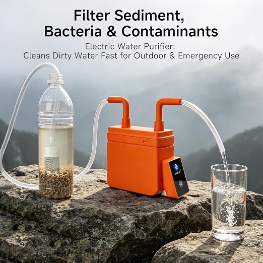 Motorized Portable Water Filter for Camping & Hiking, Electric Water Filtration System with 0.01μm UF Membrane, Compact Backpacking Water Purifier for Emergency Preparedness (Orange)