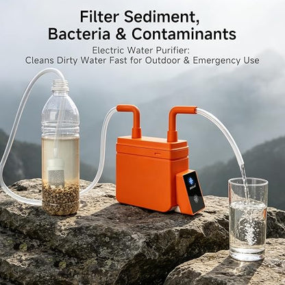 Motorized Portable Water Filter for Camping & Hiking, Electric Water Filtration System with 0.01μm UF Membrane, Compact Backpacking Water Purifier for Emergency Preparedness (Orange)