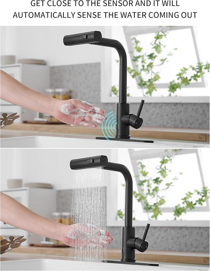 Touchless Black Kitchen Faucets with Pull Down Sprayer,Waterfall Kitchen Sink Faucet,Commercial Utility Stainless Steel Kitchen Faucets,Single Handle Kitchen Sink Faucet for 3 Function