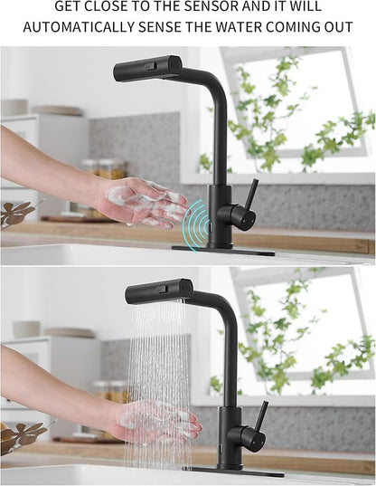 Touchless Black Kitchen Faucets with Pull Down Sprayer,Waterfall Kitchen Sink Faucet,Commercial Utility Stainless Steel Kitchen Faucets,Single Handle Kitchen Sink Faucet for 3 Function