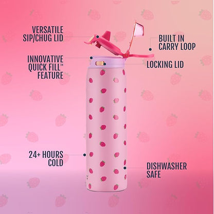 Ello Pop & Fill 22oz Stainless Steel Water Bottle with QuickFill Technology, Double Walled and Vacuum Insulated, Leak Proof Locking Lid, Straw and Chug, Fits Cupholder, Reusable BPA Free, Strawberries
