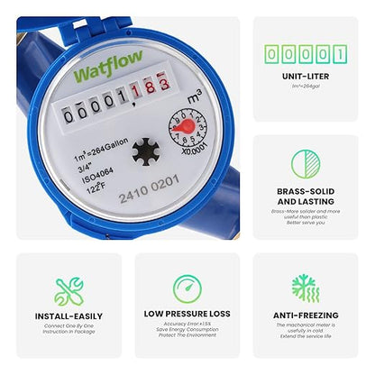 Watflow DN20 Water Meter 3/4" NPT, ISO4064 Certification Cubic Water Flow Meter, Cold Water Meter for Garden/Home/Apartment, Horizontal Install.