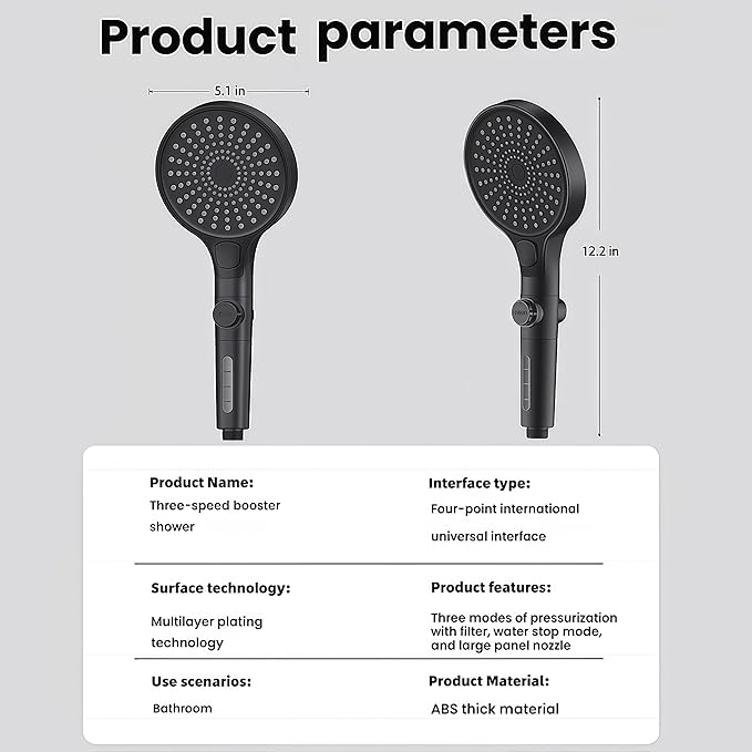 Filtered Handheld Shower Head with Hose and Holder, 5.1" Large High Pressure Shower Wand with 2 Extra Filters, Reinforced Matte Black Showerhead Set for Hard Water, 3 Spray Modes & One-Key Pause