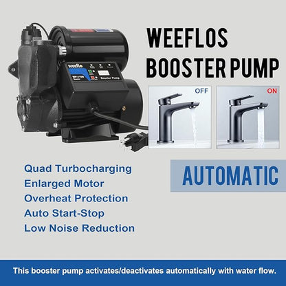 Weeflos 1.5HP Automatic Booster Pump, 1600 GPH Water Pump, 100ft Max Head, Mechanical Pressure Switch, Self-Priming Utility Pump for Shower, Irrigation, Basement, Garden, Pool (1.5HP/100FT)