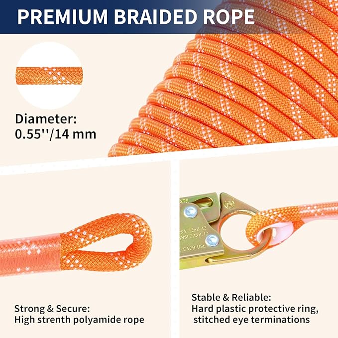 50FT Vertical Lifeline Assembly, 310LBS Capacity Fall Protection Safety Rope, Roofing & Tree Climbing Line Kit with Grab Hooks, Snap Hooks and Shock Absorber