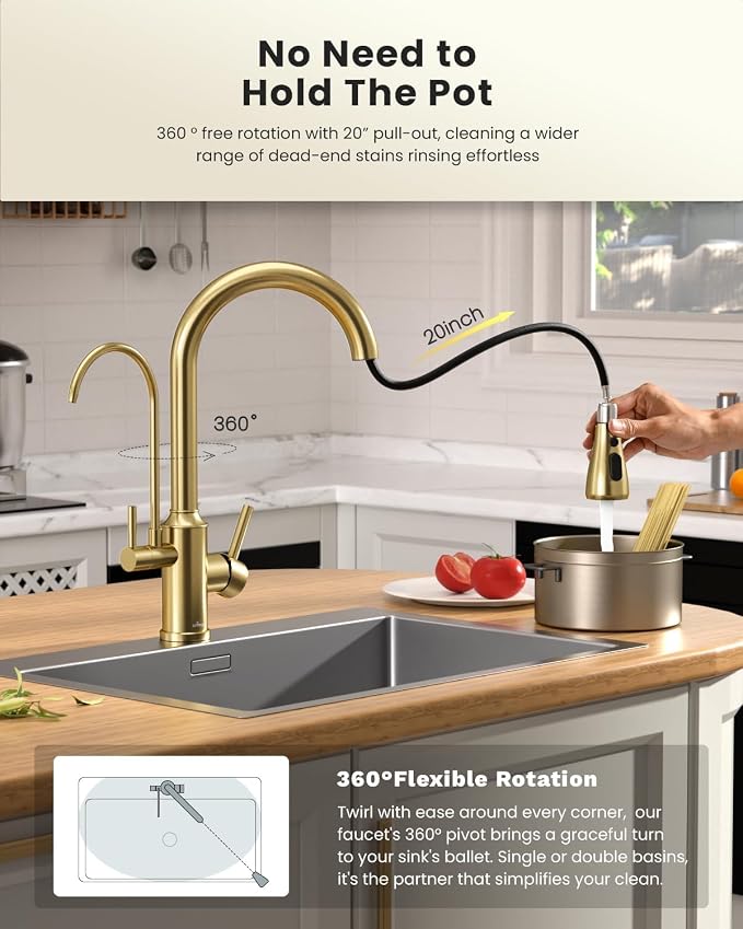 APPASO Kitchen Faucet with Water Filter (Without Water Filtration Device), 2 Handle 3 Way Gold Kitchen Sink Faucet, High Arch 3 Hole Kitchen Faucet with Pull Down Sprayer - 3 in 1 Faucet