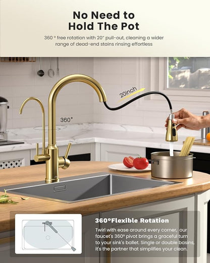APPASO Kitchen Faucet with Water Filter (Without Water Filtration Device), 2 Handle 3 Way Gold Kitchen Sink Faucet, High Arch 3 Hole Kitchen Faucet with Pull Down Sprayer - 3 in 1 Faucet