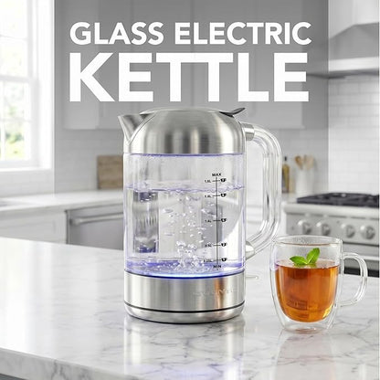 OVENTE Electric Kettle, 1.8L Glass Kettle Stainless Steel Base Water Boiler Electric with Acrylic Handle, 1500W Fast Boil Electric Kettle, Easy Fill Lid, Auto Shut-Off, Silver KG921S