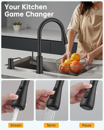 Hiqufet Black Kitchen Faucet with Soap Dispenser & Pull Down Sprayer, Rv Kitchen Sink Faucets for Pot Filler, Farmhouse Camper Bar Sink Laundry, RV Bathroom, Single Hole Single Handle Stainless Steel