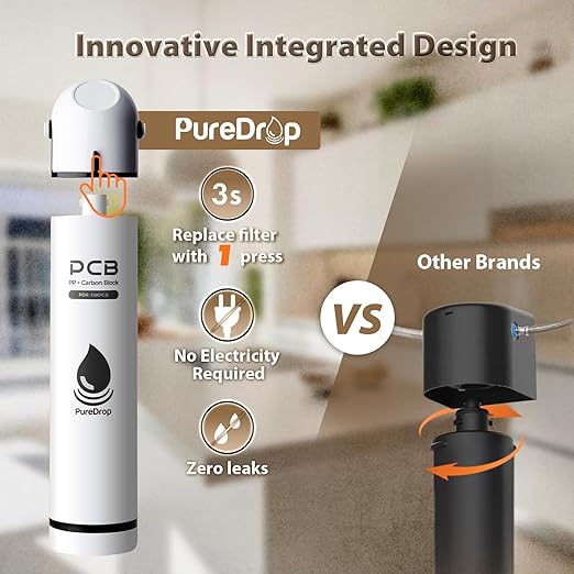 PureDrop PDR-16KPCB Under Sink Water Filter for Sink Faucet, High Capacity Composite Water Filtration System Direct Connect to Kitchen Faucet, Reduces PFAS, Chlorine, Bad Taste & Odor, 16K Gallons
