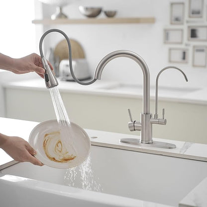Kitchen Faucets with Water Filter and Pull Down Sprayer,Kitchen Sink Faucet,Two Handle Sink Faucet with Pull Down Sprayer for 3 Function,Without Water Filtration Device,Brushed