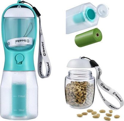 Cibaabo Dog Water Bottle with Food Container & Poop Bag Holder & Filter | Travel Water Bowl, Portable Pet Dispenser, Dog Gifts, Puppy Essentials for Walking Hiking