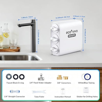 Ecoviva UF800G 0.01μm Ultra-Filtration Under Sink Water Filter Meet NSF 42 / 372 Standards Tankless Ultra Compact Design, No Electricity & Wastewater, Preserve Beneficial Minerals No TDS Reduction