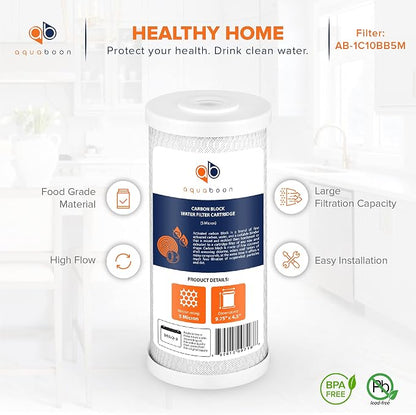 Aquaboon 5 Micron 10x4.5 Carbon Block Water Filters Whole House CTO Water Filter Replacement Cartridge Compatible with FXHTC, CB-BB-10, EP-BB, 2-Pack