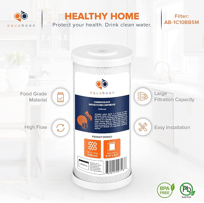 Aquaboon 5 Micron 10x4.5 Carbon Block Water Filters Whole House CTO Water Filter Replacement Cartridge Compatible with FXHTC, CB-BB-10, EP-BB, 12-Pack