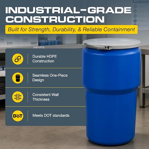 Eagle Plastic Drum, 14 Gallon Drum, DOT Compliant, Made in USA, Blue | High-Density-Polyethylene Construction, Open Head Lab Pack Drum, Metal Lever-Lock Lid, Hazardous Material Storage, Transport