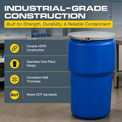 Eagle Plastic Drum, 14 Gallon Drum, DOT Compliant, Made in USA, Blue | High-Density-Polyethylene Construction, Open Head Lab Pack Drum, Metal Lever-Lock Lid, Hazardous Material Storage, Transport